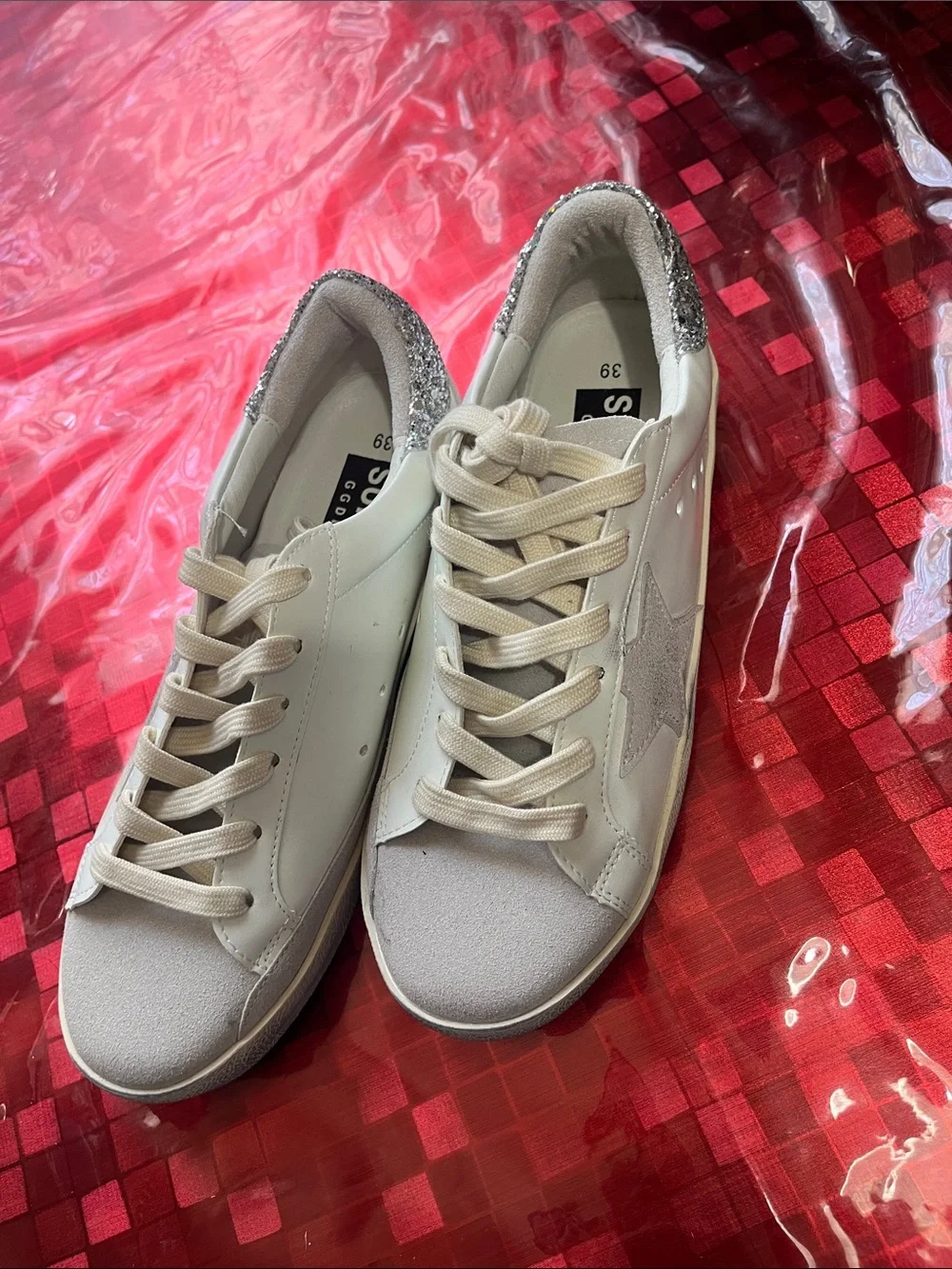 Golden Goose White Low-Top Sneakers with Silver Glitter Heel and Star